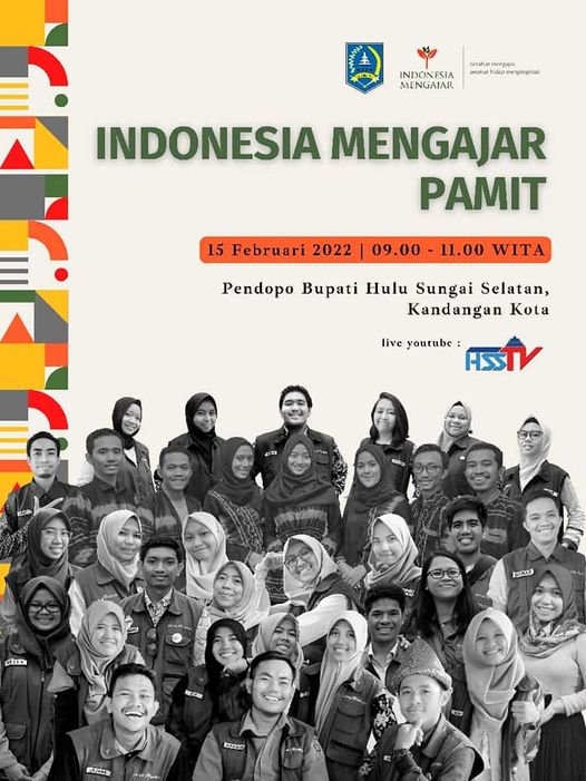Tidak terasa sudah saatnya Indonesia Mengajar Pamit Terimakasih atas pengabdian para Pengajar Muda di Kabupaten Hulu Sungai Selatan Jangan lewatkan acara “Indonesia Mengajar Pamit” tanggal 15 Februari 2022 pukul 09.00 pagi hanya di YouTube HSS TVnet ?