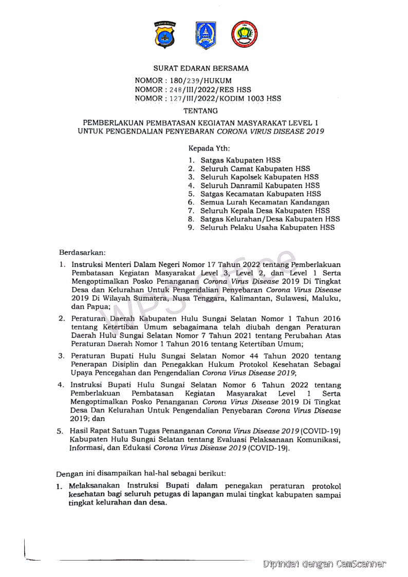 SURAT EDARAN BERSAMA  PPKM LEVEL 1