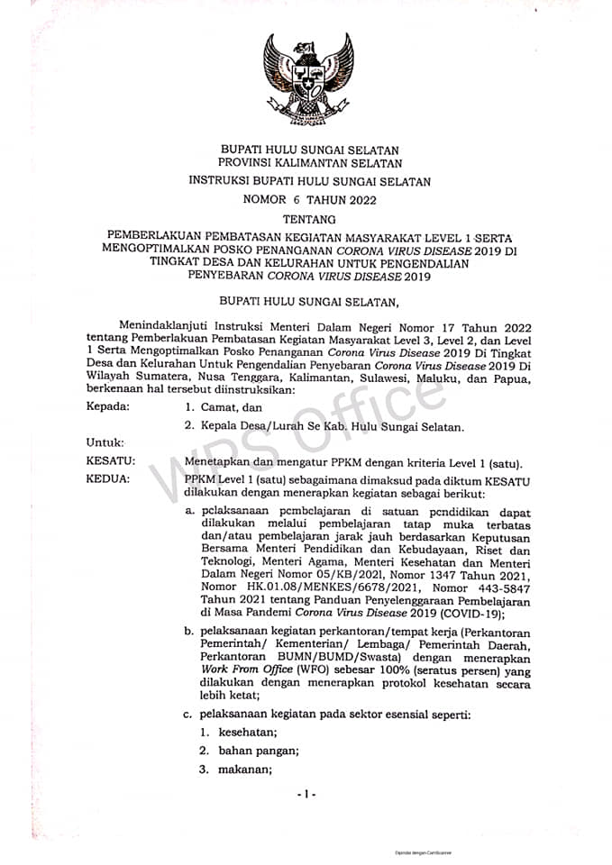 INSTRUKSI BUPATI HULU SUNGAI SELATAN NOMOR 6 TAHUN 2022